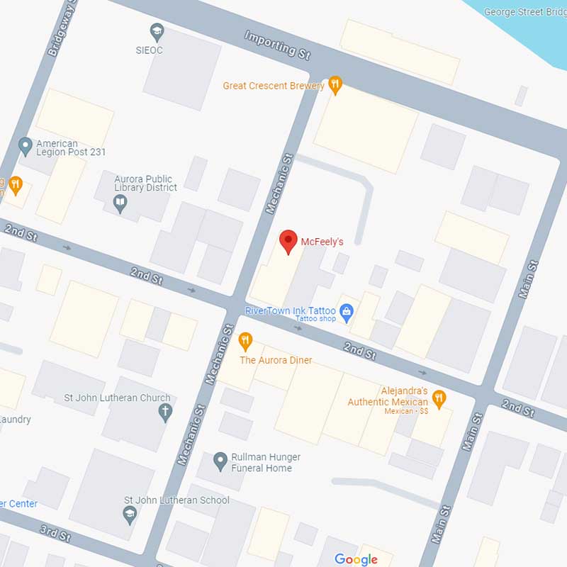 Map of McFely's Location in Downtown Aurora, IN