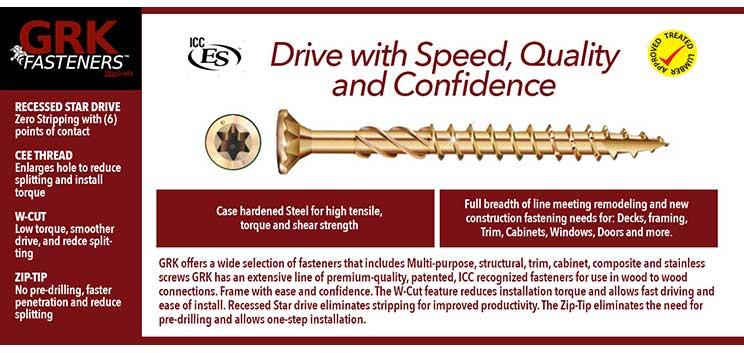 GRK offers a wide selection of fasteners that includes Multi-purpose, structural, trim, cabinet, composite and stainless screws